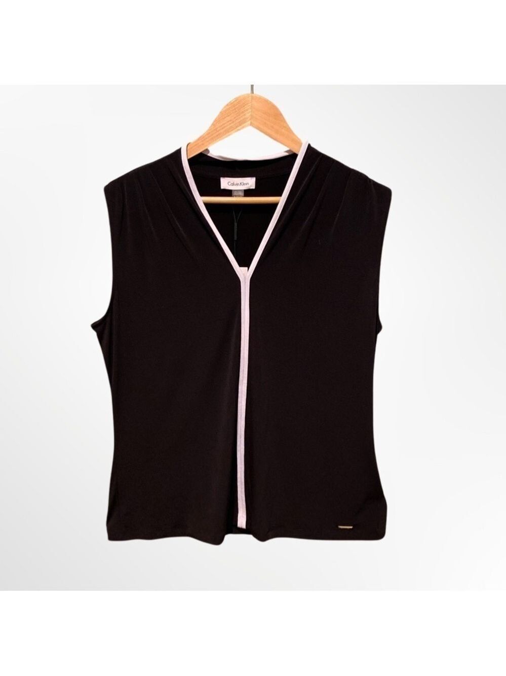 Calvin Klein V-Neck Contrast Piping Sleeveless Blouse NWT Size XL